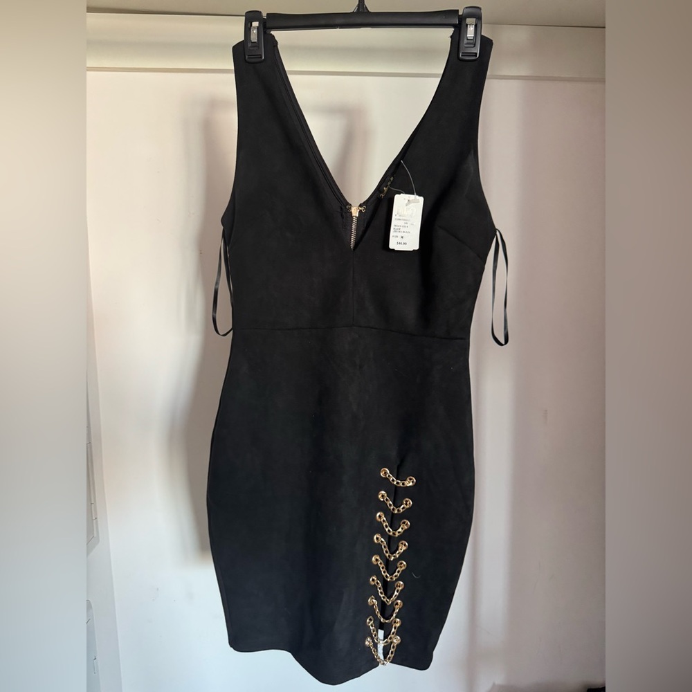 Black Bodycon Mini Dress with Gold Chain Lace-Up Detail – Size M